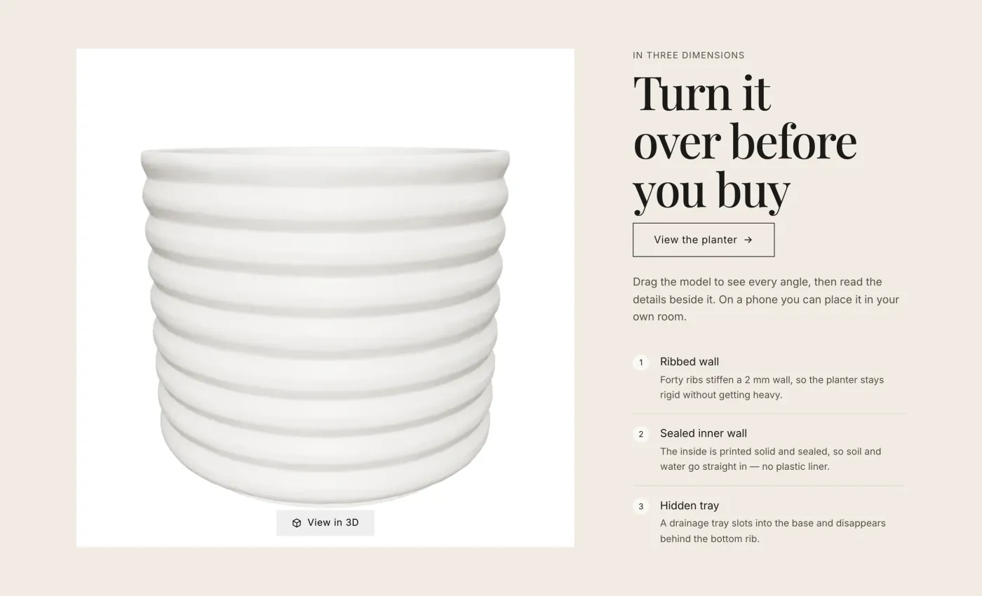 3D spotlight section: a ribbed planter model beside numbered points of interest