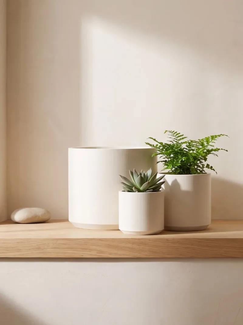 White printed planters on an oak shelf