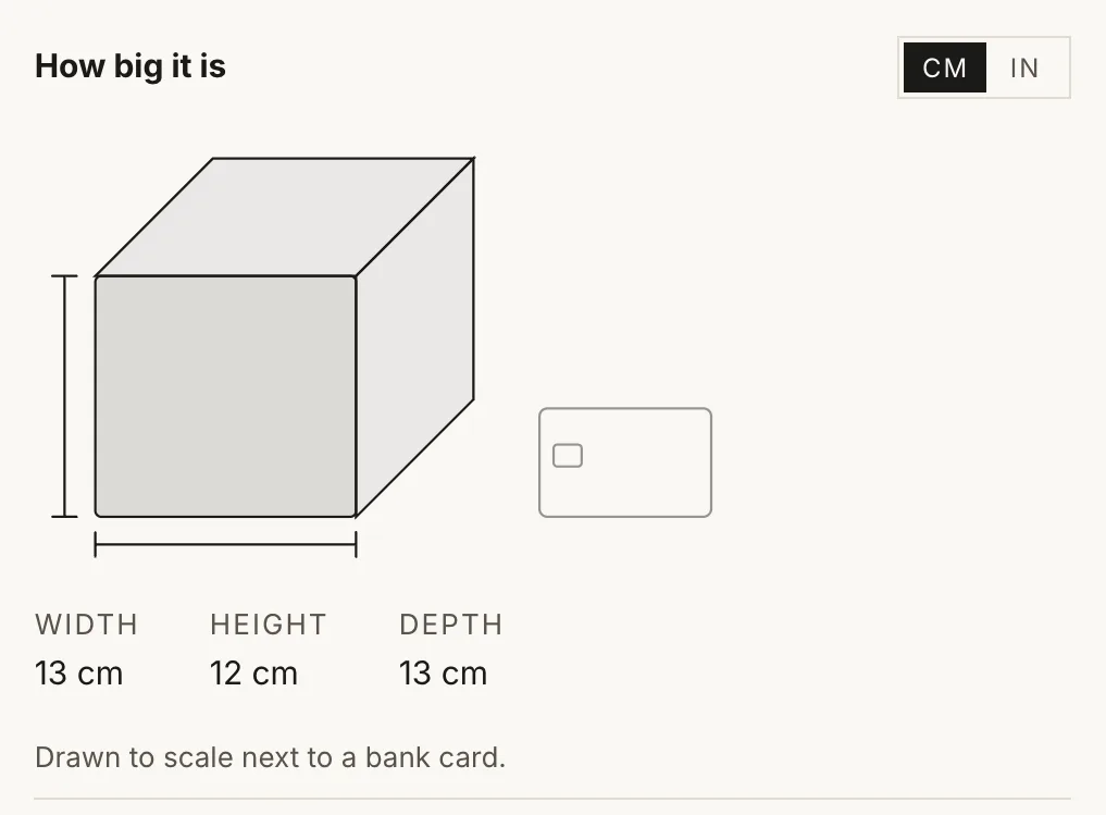 Size reference block: a cube drawn to scale next to a bank card, with width, height and depth in centimetres