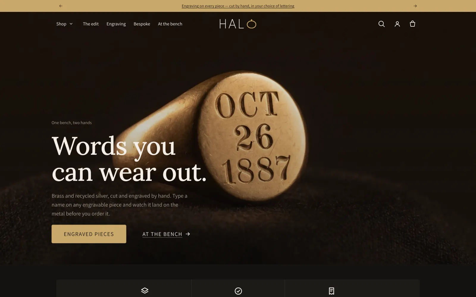 Halo preset home page: a dark hero with an engraved brass signet ring