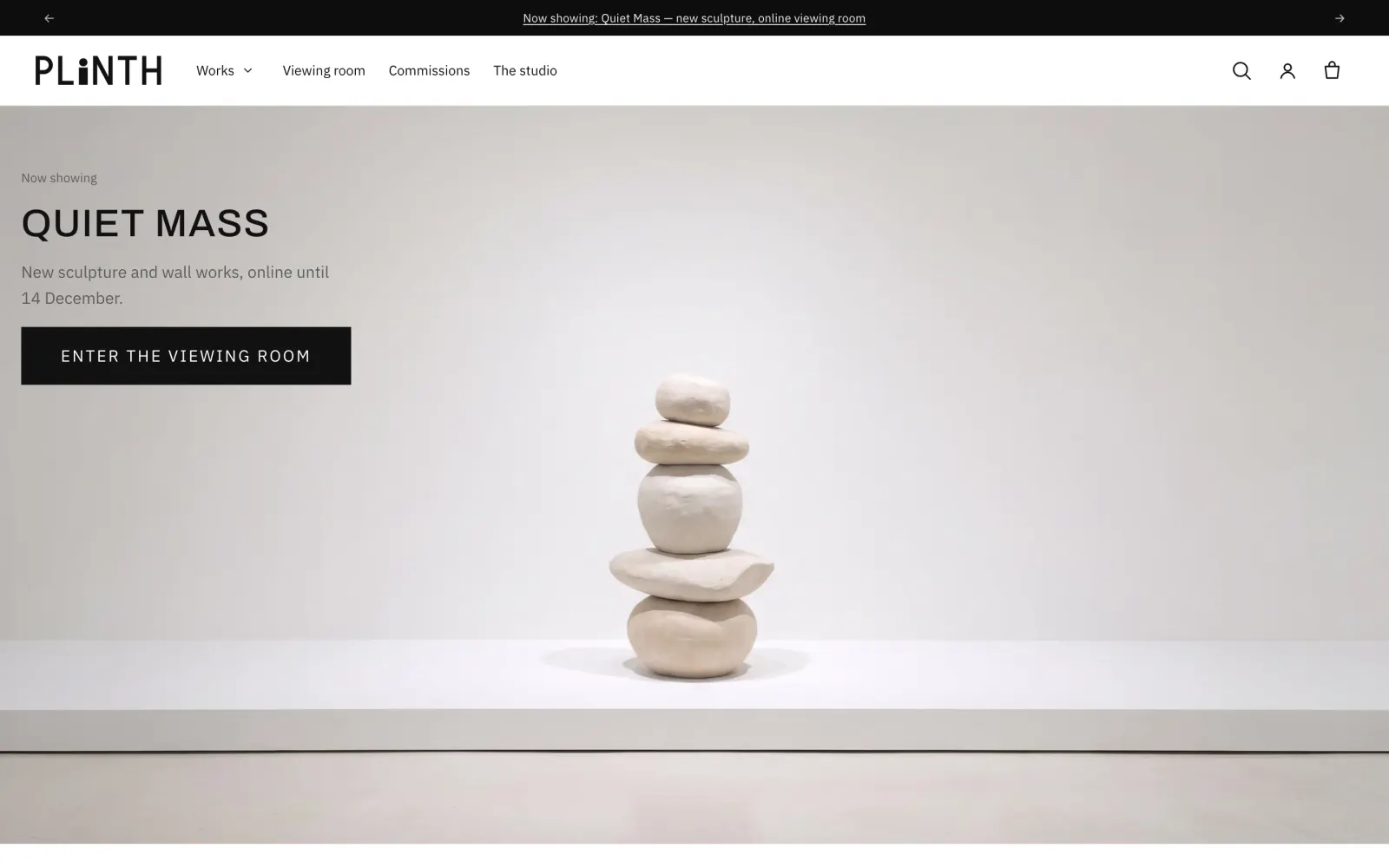 Plinth preset home page: a stacked stone sculpture in a white gallery room